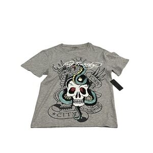 Women's NWT Ed Hardy Gray Bling Skull Snake Cotton T-Shirt M
